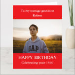 Red white 14th Photo Birthday card Grandson, LARGE<br><div class="desc">Are you looking to buy a Photo Birthday card for grandson from Grandmother and Grandfather, Grandma and Grandpa? For age 14. ADD AGE to the card of your teenage grandson. ANY AGE - 13, 15, 16, 17, 18th. LARGE Red and white card. ADD RELATIONSHIP of your choice. Son, nephew, friend....</div>