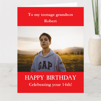Red white 14th Photo Birthday card Grandson, LARGE