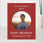 Red white 14th Photo Birthday card son, LARGE<br><div class="desc">Are you looking to buy a Photo Birthday card for son from mom, mum, mother? For age 14. LARGE Red and white card. Alternatively, you can add any relationship and add ANY AGE - 13, 15, 16, 17, 18th. Add your own selected photo into a red round frame to make...</div>