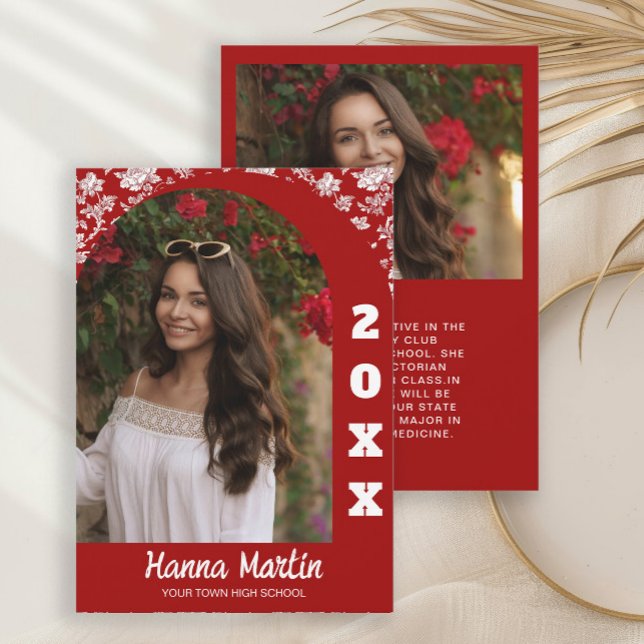 Red White 2-Photo Floral Arch Graduation  Announcement (Red and white floral 2-photo graduation arch-photo announcement)