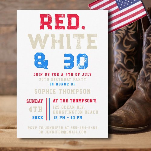 Red White 30 Typography 4th of July 30th Birthday Invitation