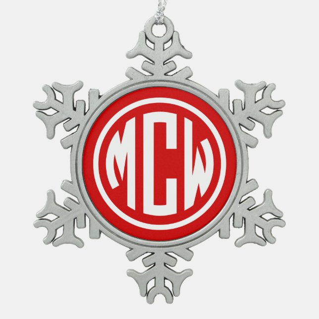 Red White 3 Initial Circle Monogram Font DIY BG Snowflake Pewter Christmas Ornament (Front)