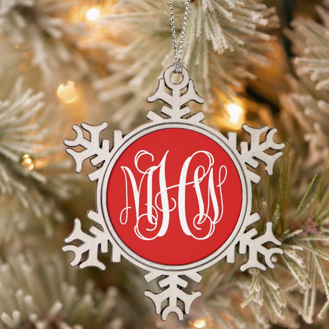 Red White 3 Initial Vine Monogram Font DIY BG Snowflake Pewter Christmas Ornament (Creator Uploaded)