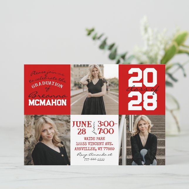 Red & White 3 Photo Graduation Invitation (Creator Uploaded)