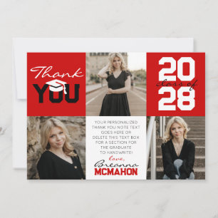 Red & White 3 Photo Graduation Thank You Invitation