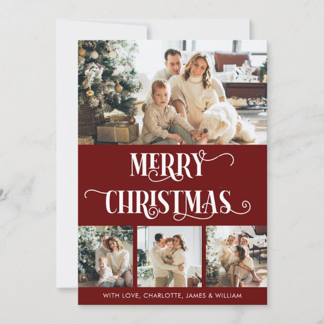 Red & White 4 Photo Collage Merry Christmas  Holiday Card (Front)