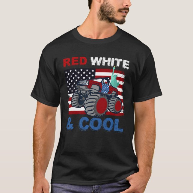 Red White 4th of July Cool Monster Truck USA Ameri T-Shirt (Front)