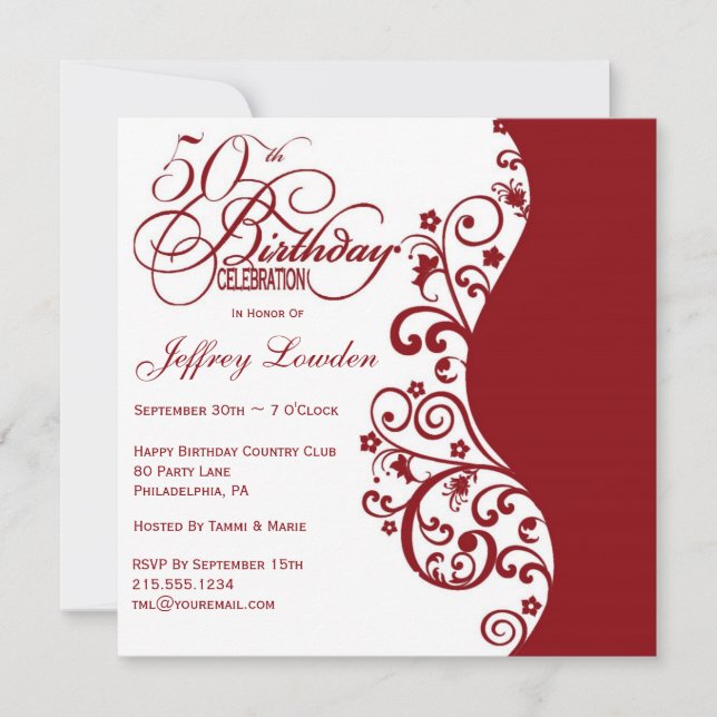 Red & White 50th Birthday Party Invitation (Front)