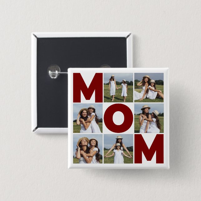 Red & White 6 Photo Collage Mom  Button (Front & Back)