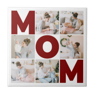 Red & White 6 Photo Collage Mom Ceramic Tile