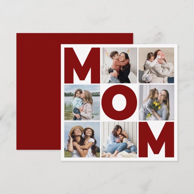 Red & White 6 Photo Collage Mom Flat Card (Front/Back)