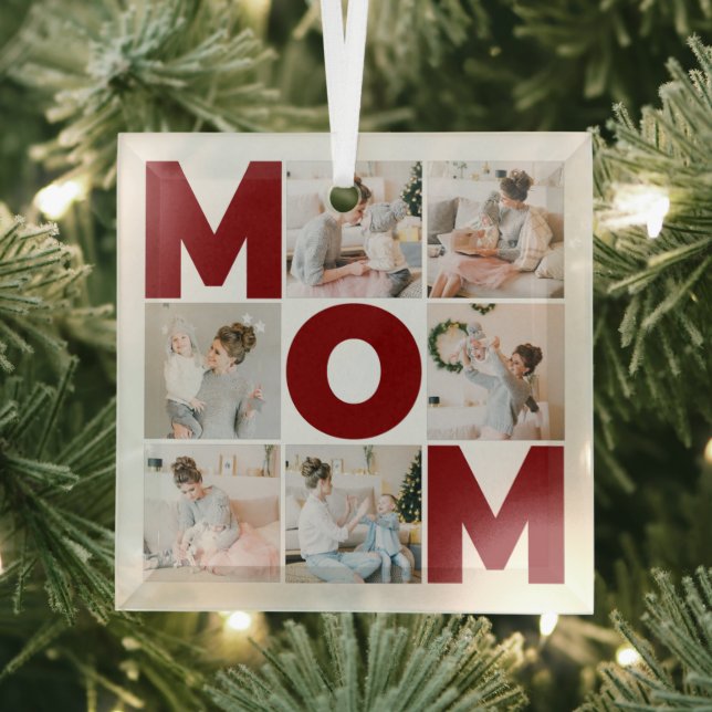 Red & White 6 Photo Collage Mom Glass Ornament (Insitu)