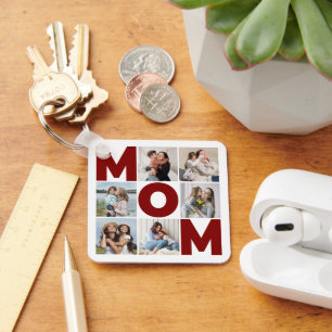 Red & White 6 Photo Collage Mom Keychain