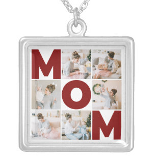 Red & White 6 Photo Collage Mom Silver Plated Necklace