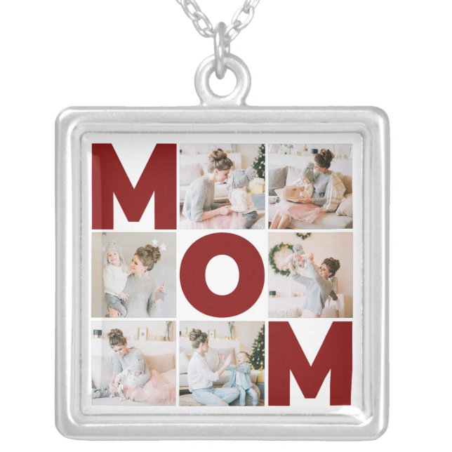 Red & White 6 Photo Collage Mom Silver Plated Necklace (Front)
