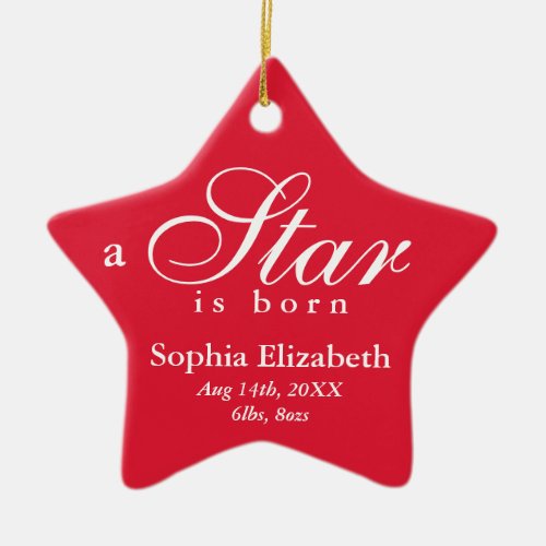 Red white a star is born baby name announcement ceramic ornament
