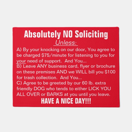 Red White Absolutely No Soliciting Doormat