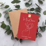 Red white abstract reindeer business Christmas Holiday Card<br><div class="desc">Red background,  and a white abstract one line reindeer.  Personalize and add a your business logo,  name and year. Text: Merry Christmas. 

Back: add your message.</div>