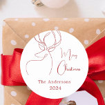 Red white abstract reindeer modern Christmas Classic Round Sticker<br><div class="desc">White background,  and a red abstract one line reindeer.  Personalize and add a name and year. Text: Merry Christmas</div>
