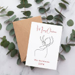 Red white abstract reindeer modern Christmas Holiday Card<br><div class="desc">White background,  and a black abstract one line reindeer.  Personalize and add a name and year. Text: Merry Christmas. Red text on the front.

Back: add your note and your names.</div>