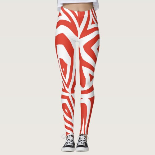 Red  White Abstract Zebra Print Womens Leggings
