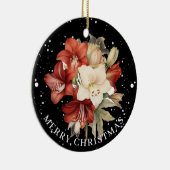  Red & White Amaryllis on Black Merry Christmas  Ceramic Ornament (Right)