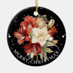  Red &amp; White Amaryllis on Black Merry Christmas  Ceramic Ornament