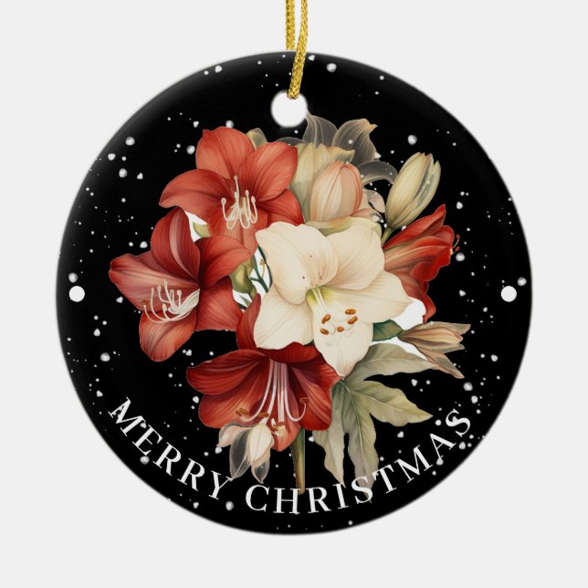  Red & White Amaryllis on Black Merry Christmas  Ceramic Ornament (Front)