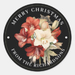  Red &amp; White Amaryllis on Black Merry Christmas  Classic Round Sticker