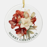  Red &amp; White Amaryllis on White Merry Christmas  Ceramic Ornament