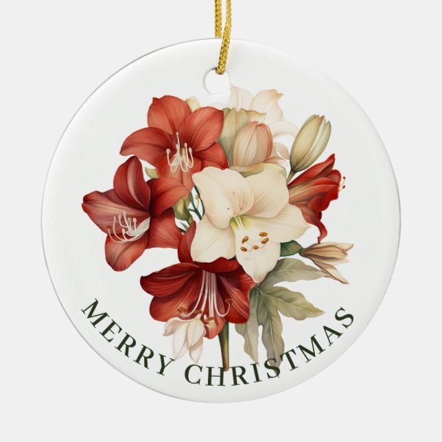  Red & White Amaryllis on White Merry Christmas  Ceramic Ornament (Front)