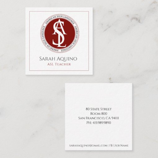 Red & White American Sign Language ASL Logo Square Business Card | Zazzle