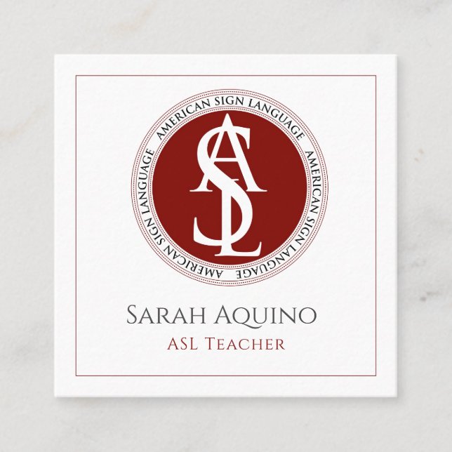 Red & White American Sign Language ASL Logo Square Business Card (Front)