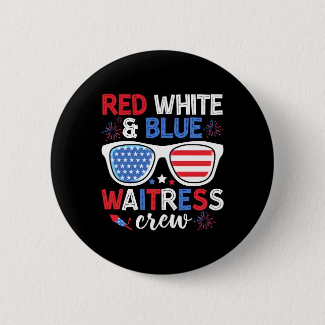 Red White &amp; Blue Waitress Crew 4th Of July Sun Button (Front)