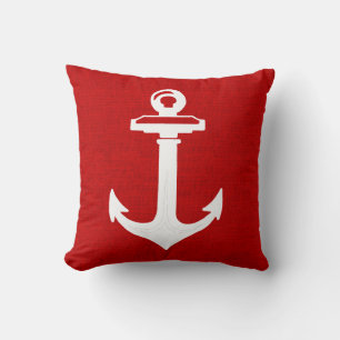 Red White Anchor Nautical Throw Pillow