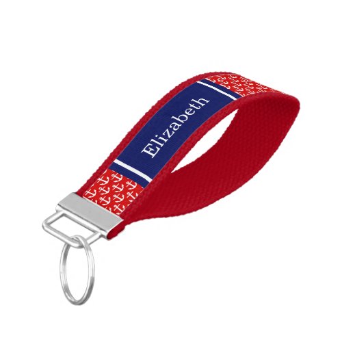 Red White Anchors Navy Blue Name Monogram Wrist Keychain