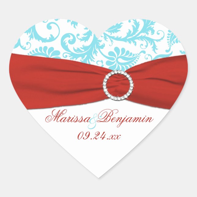 Red, White, and Aqua Damask Heart Shape Sticker (Front)