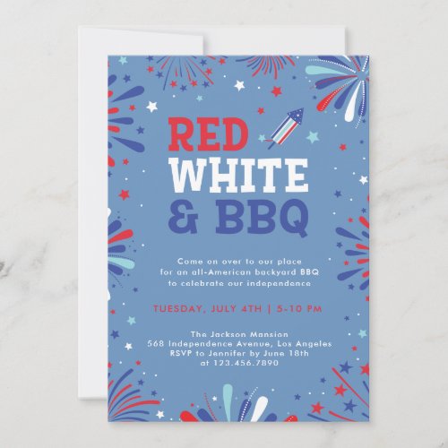 Red white and BBQ 4th july patriotic fireworks Invitation