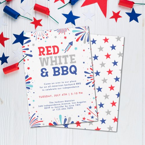 Red white and BBQ 4th july patriotic fireworks Invitation