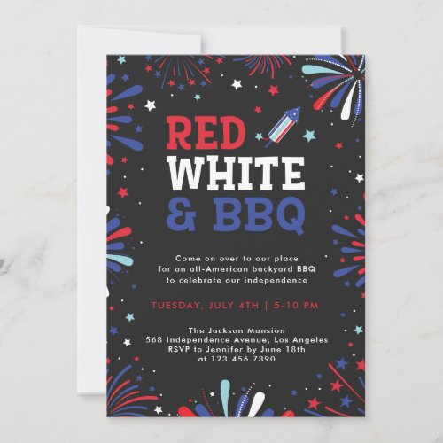 Red white and BBQ 4th july patriotic fireworks Invitation