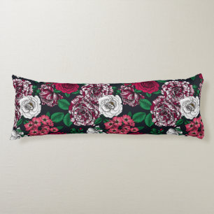 Red, white and bi-color roses with green leaves on body pillow