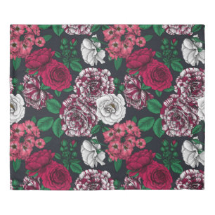 Red, white and bi-color roses with green leaves on duvet cover