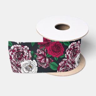 Red, white and bi-color roses with green leaves on satin ribbon