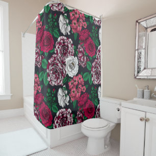 Red, white and bi-color roses with green leaves on shower curtain