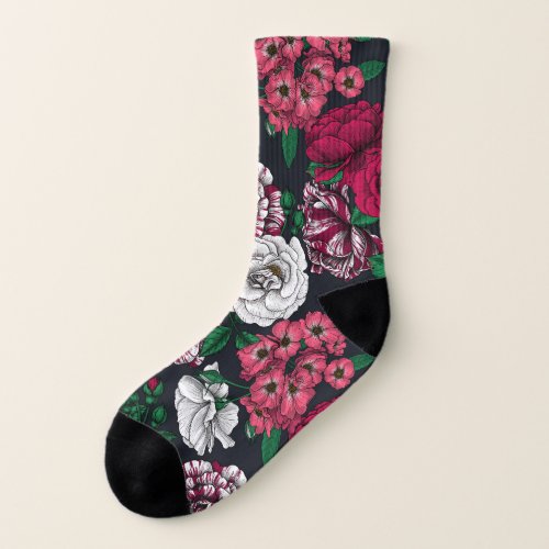Red white and bi_color roses with green leaves on socks
