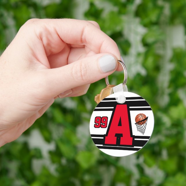 Red, White and Black Basketball Letter and Number Keychain (Hand)