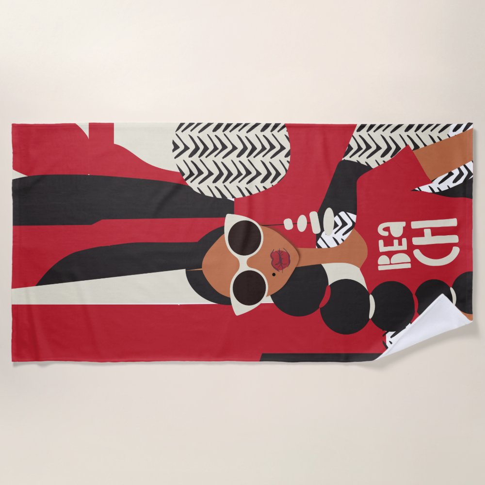 Discover Red, White and Black Personalized Beach Towel