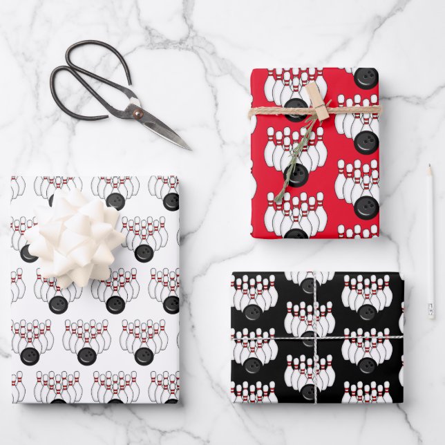 Red, White and Black Bowling Balls and Pins  Wrapping Paper Sheets (Front)