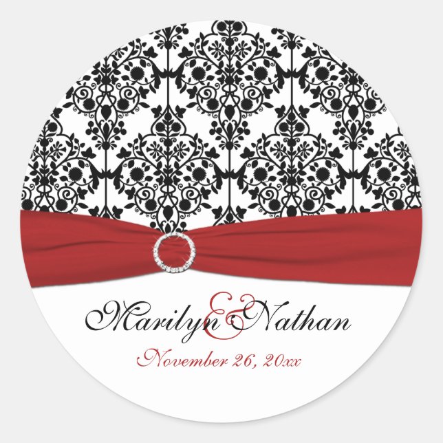 Red, White, and Black Damask 1.5" Round Sticker (Front)