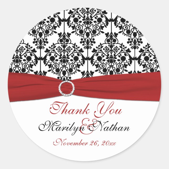Red, White, and Black Damask 3" Round Sticker (Front)